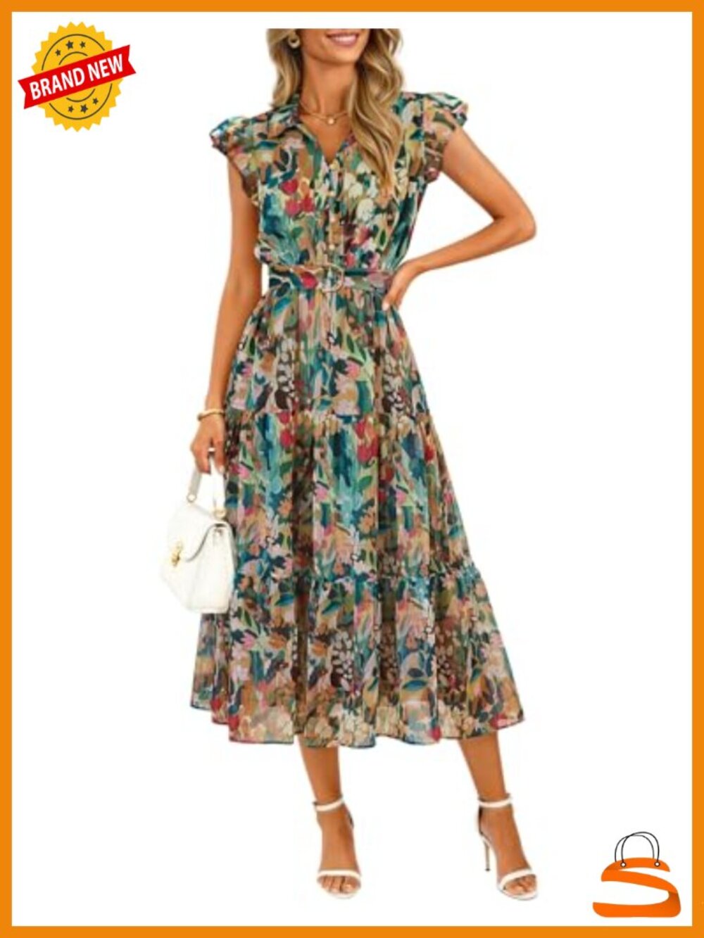 Floral Midi Dress Flutter Short Sleeve Chiffon Button Down A-Line Pleated - Picture 1 of 6